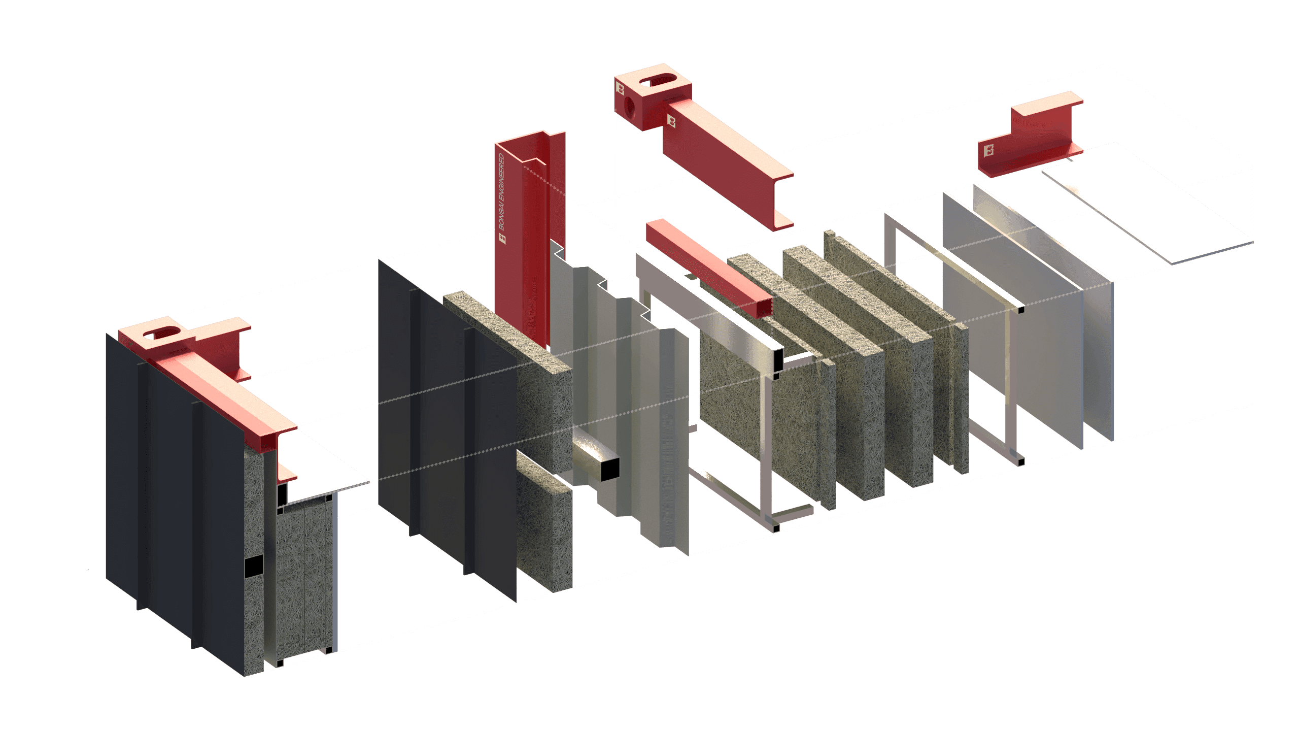 Bonsai wall system, exploded — engineered steel frame, insulation and cladding