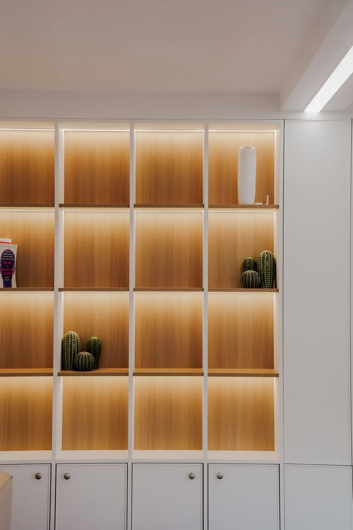 Warm timber display shelving inside the Bonsai home.