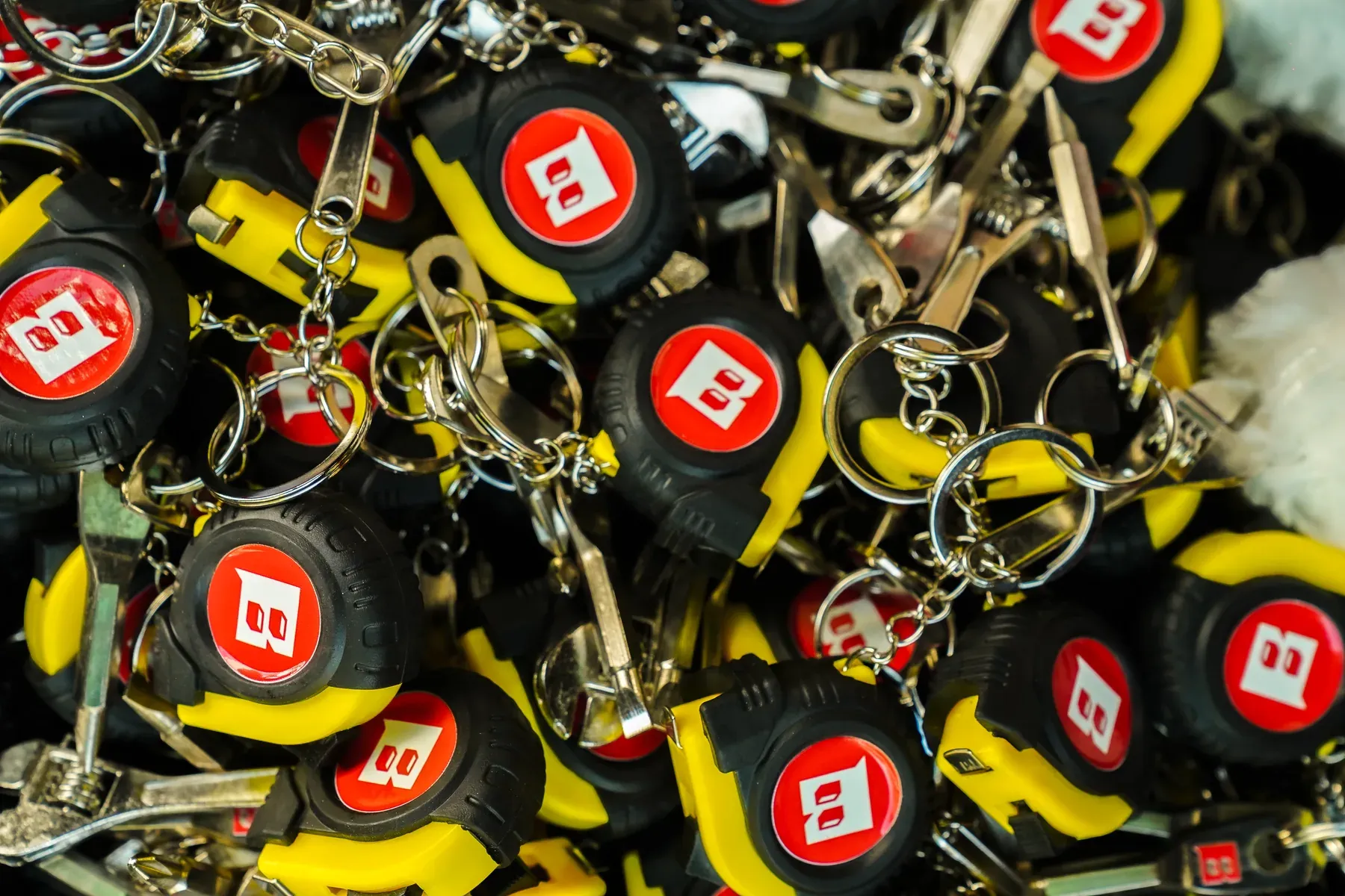 Bonsai branded tape measure keyrings at launch day.