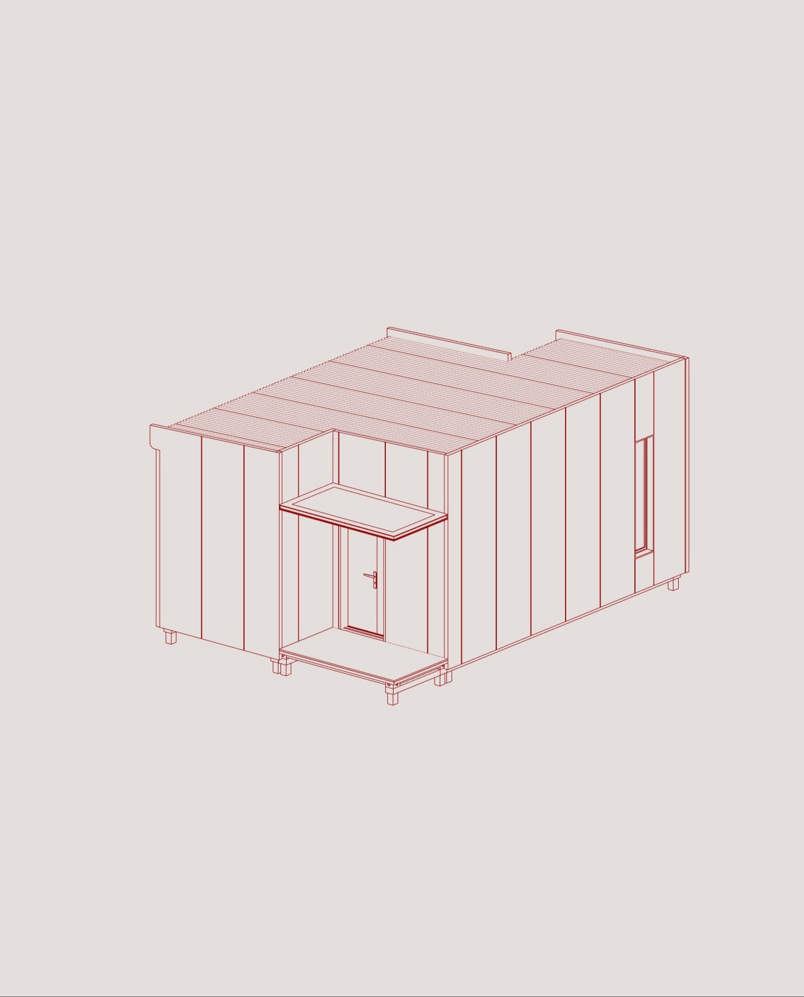 Red wireframe model of a small building or cabin on a light gray background