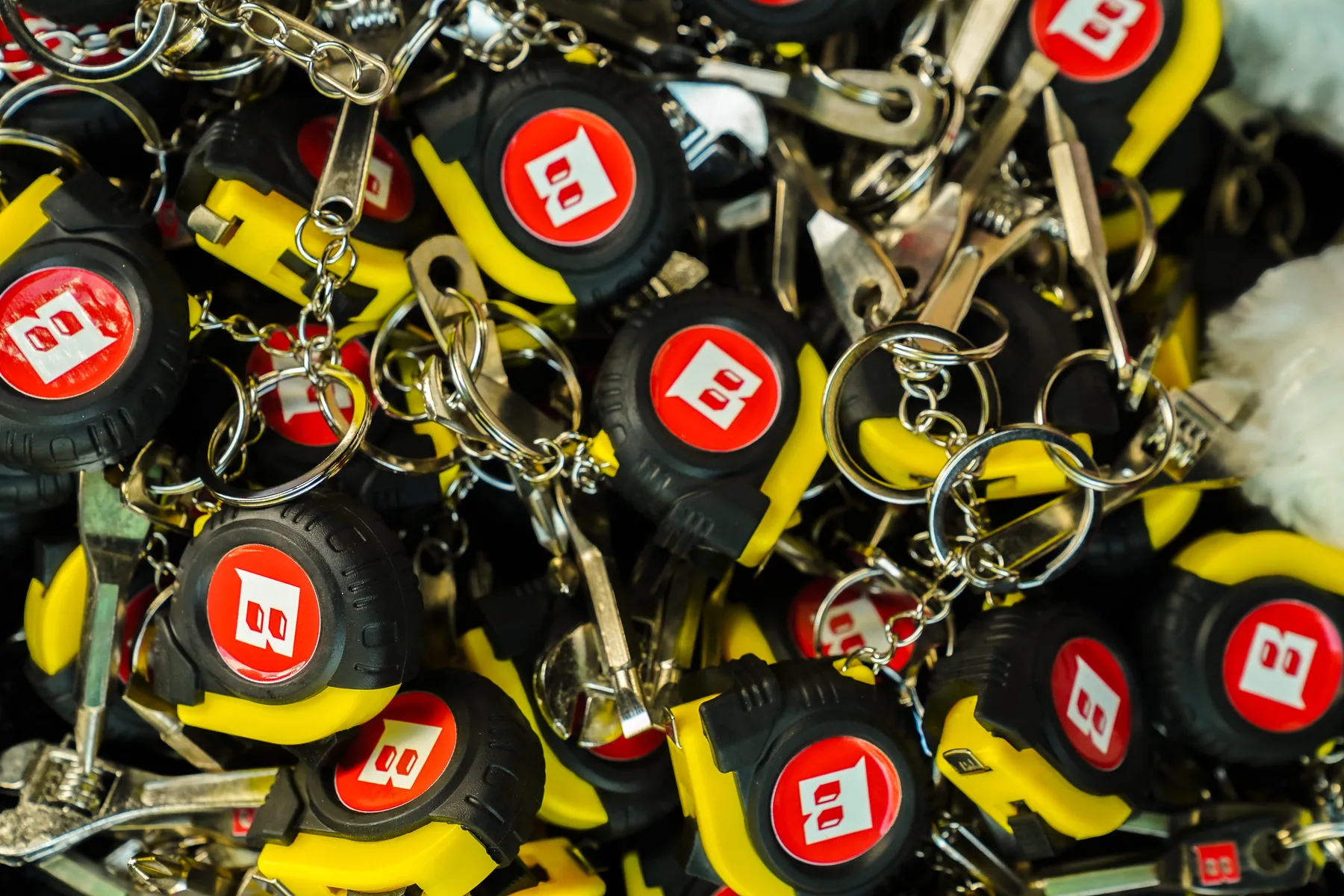 Bonsai branded tape measure keyrings at launch day.