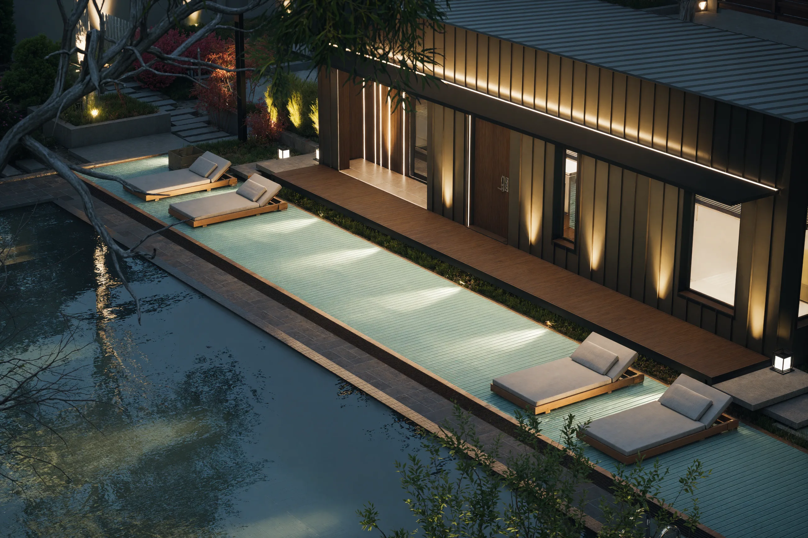 The One Bedroom deck at dusk, lit along the wall