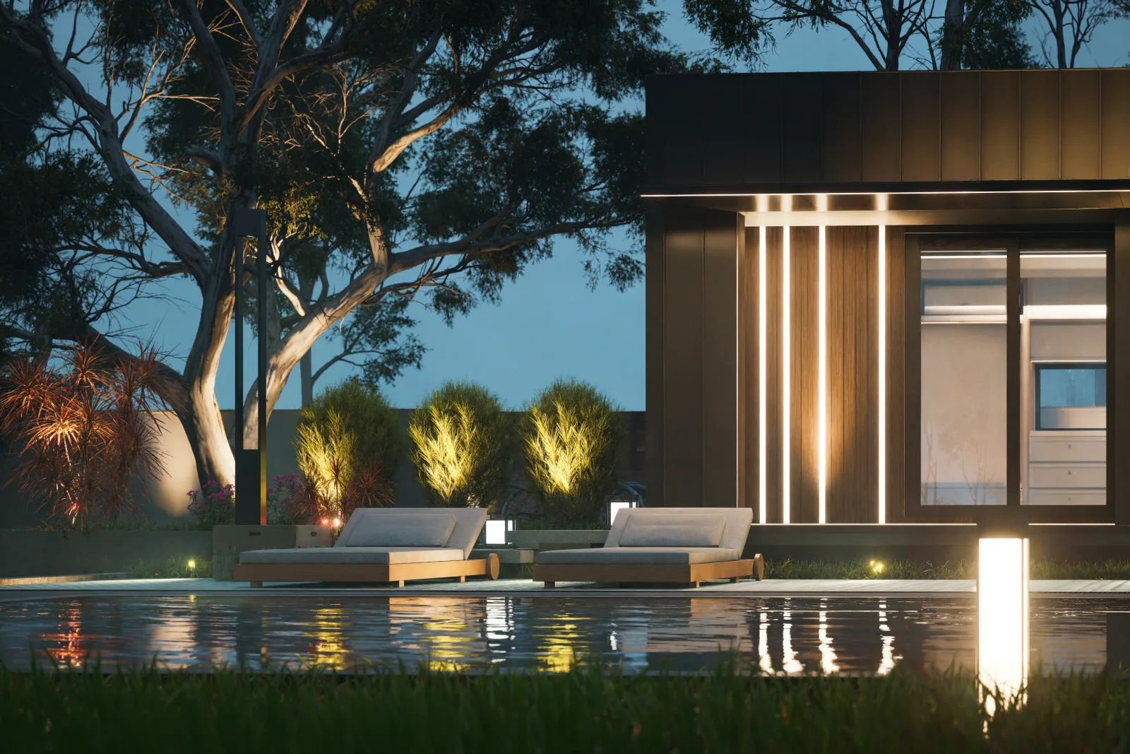 The One Bedroom glass doors at night, across the water