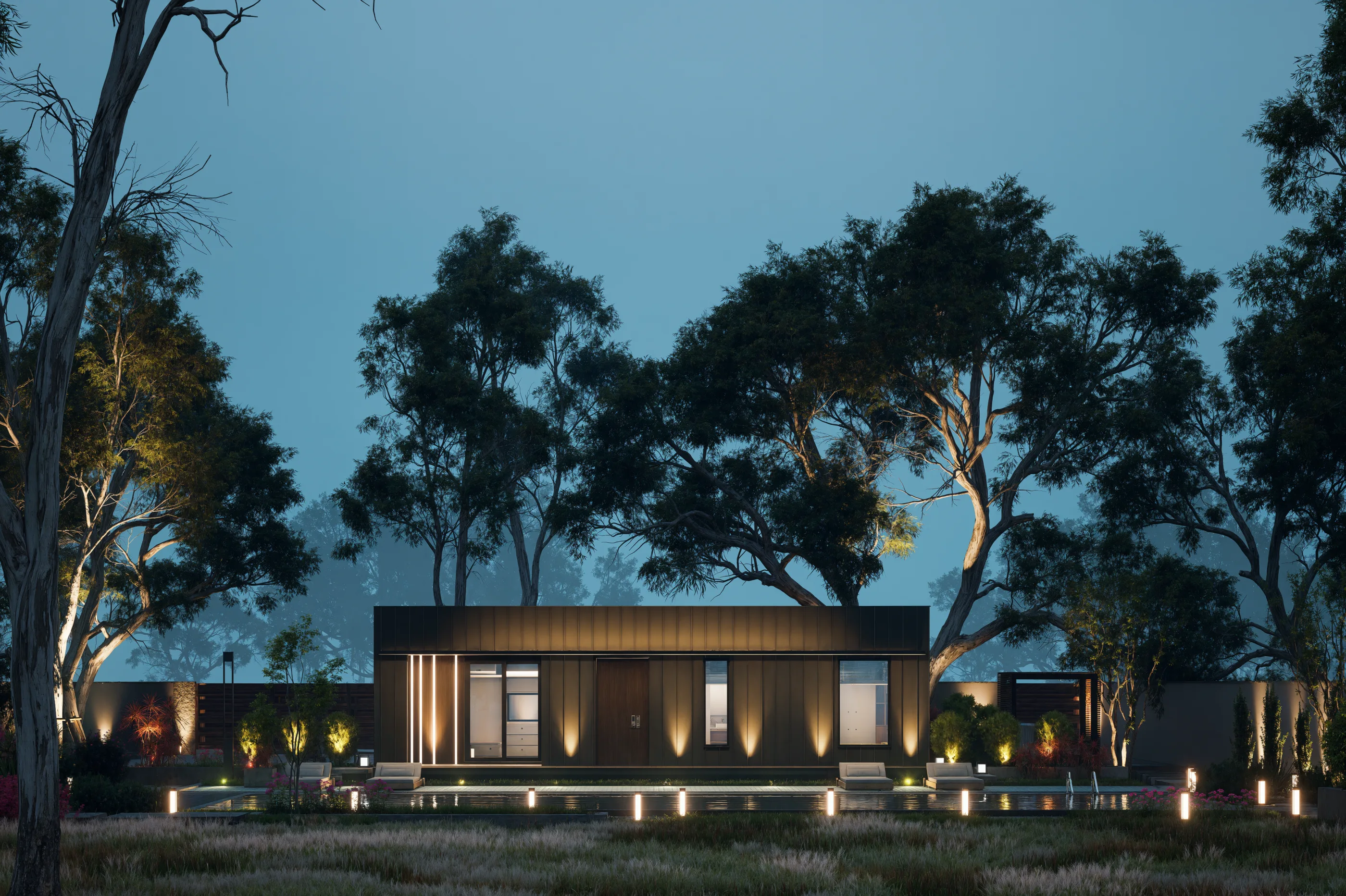 The same meadow at dusk, the One Bedroom lit from inside