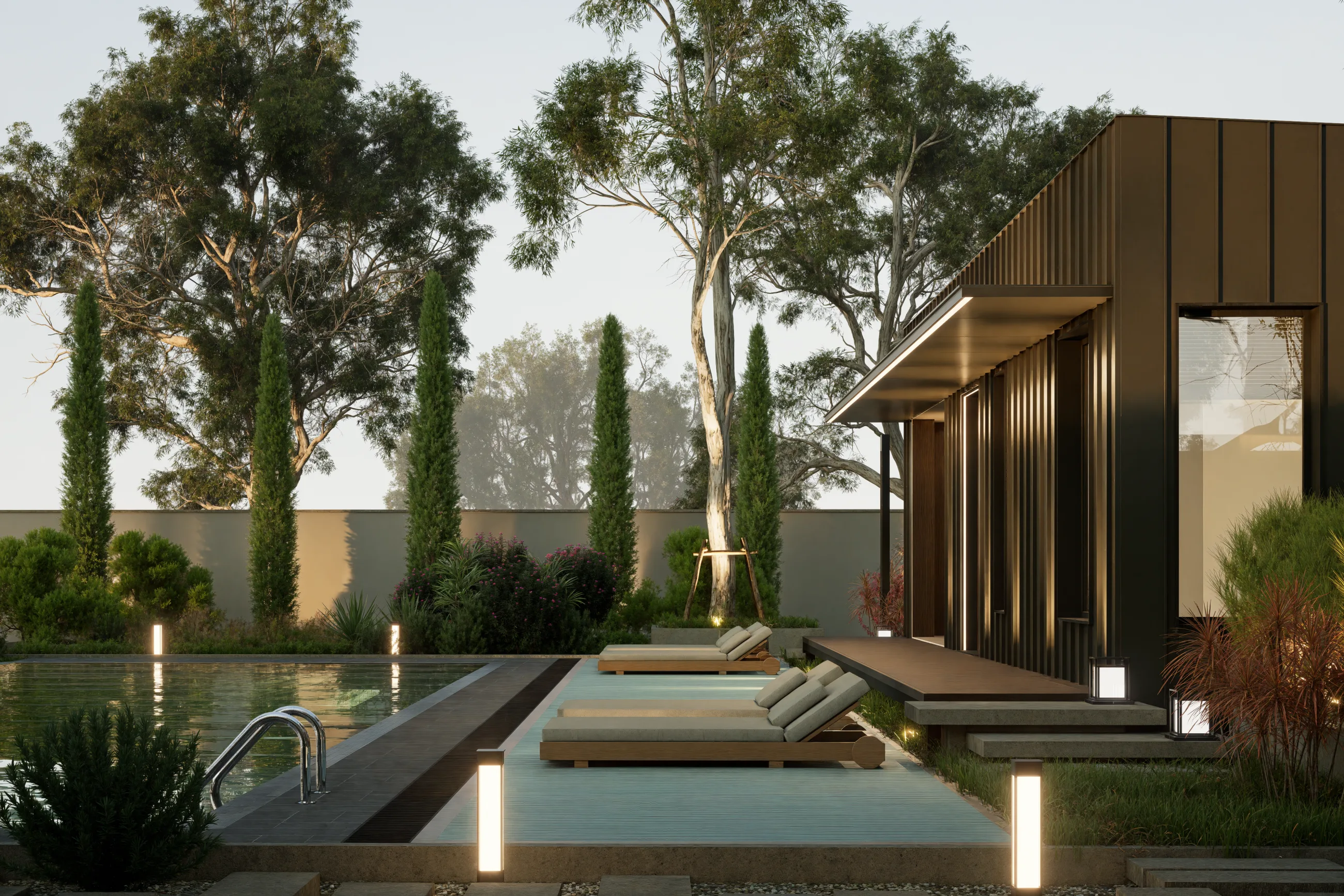 The One Bedroom from the side, a pool and loungers along the deck