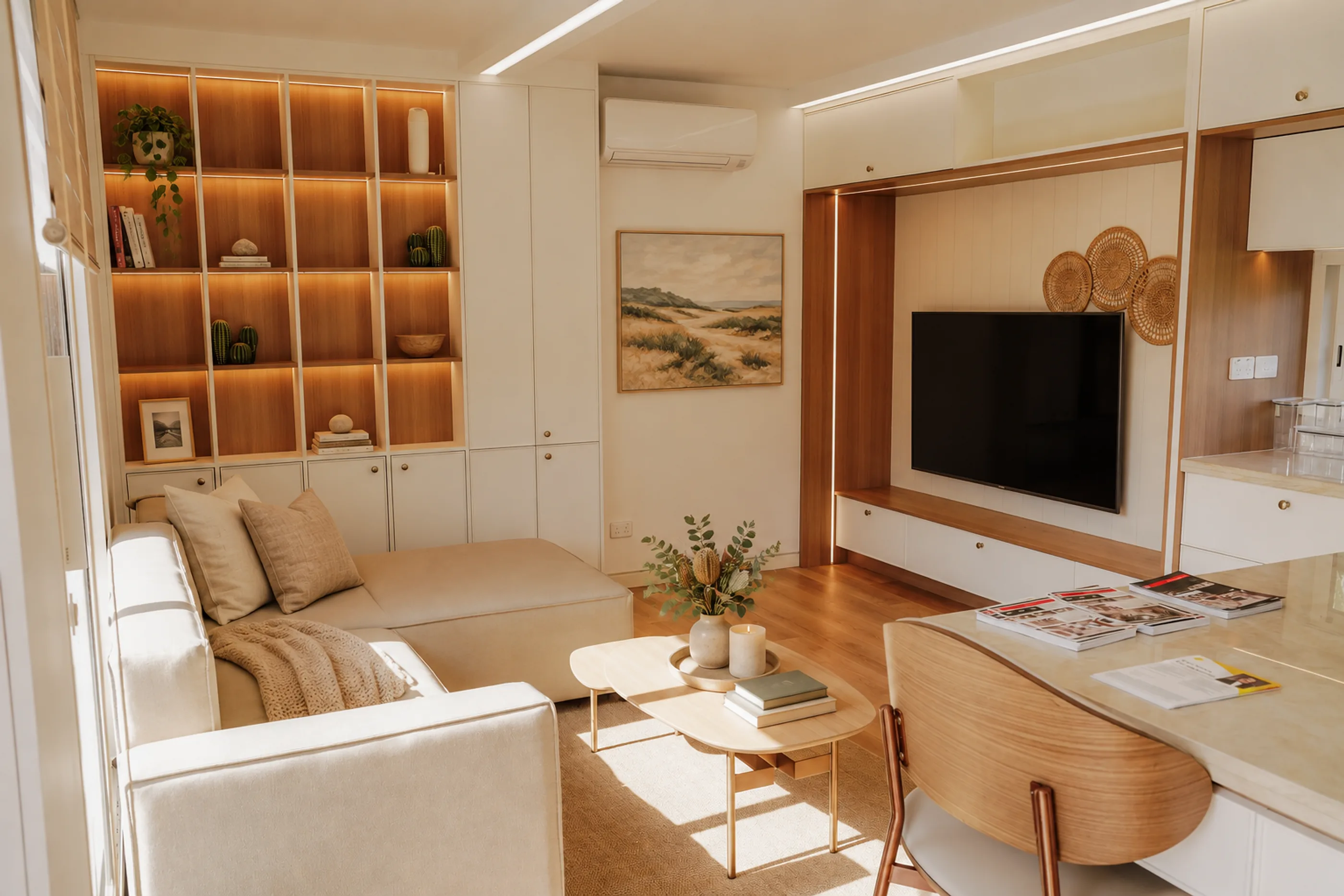The One Bedroom living room: a white sofa with cushions and a throw, styled timber shelves, a wall TV and the kitchen bench