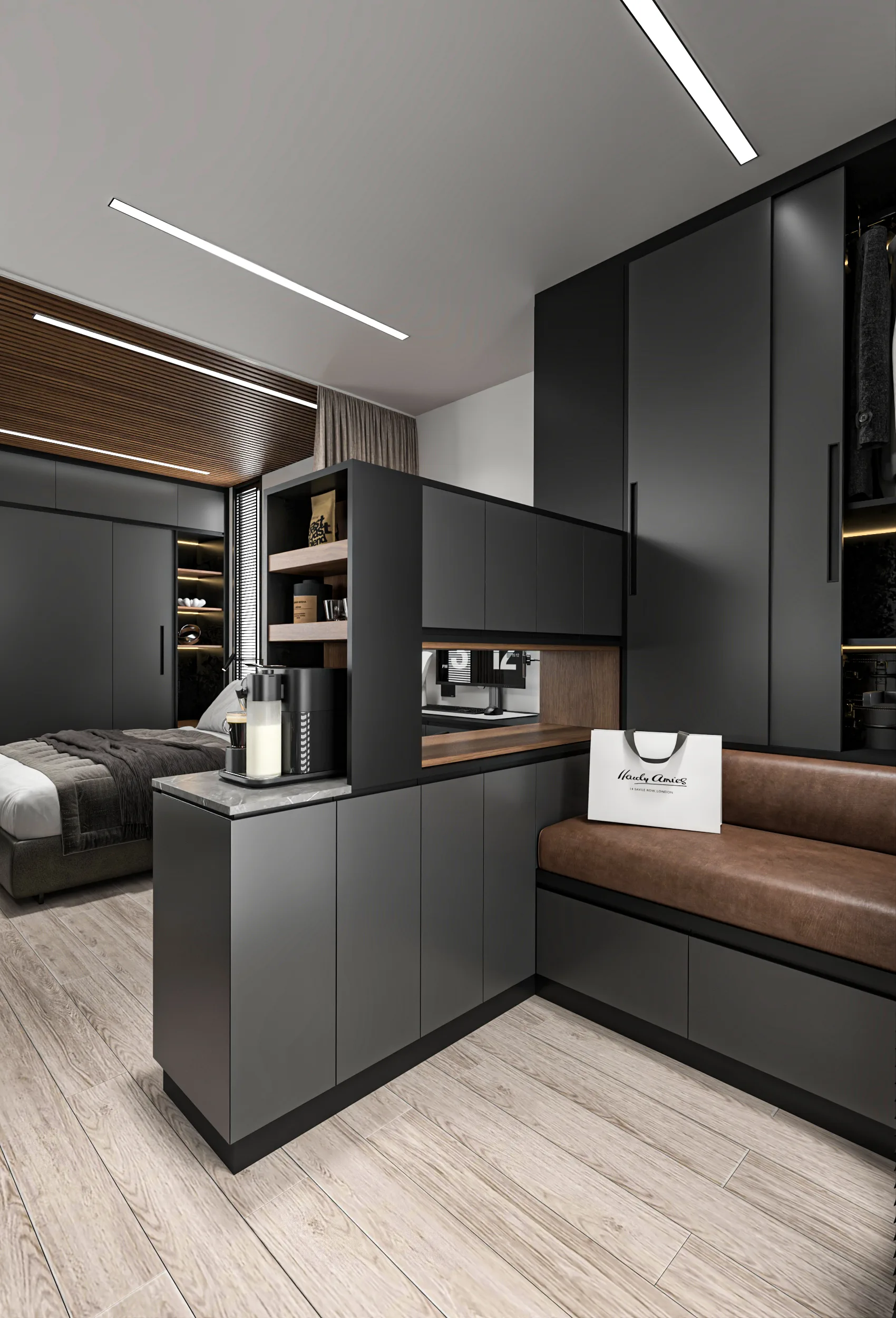 The Studio entry: a leather bench and dark shelving just inside the front door