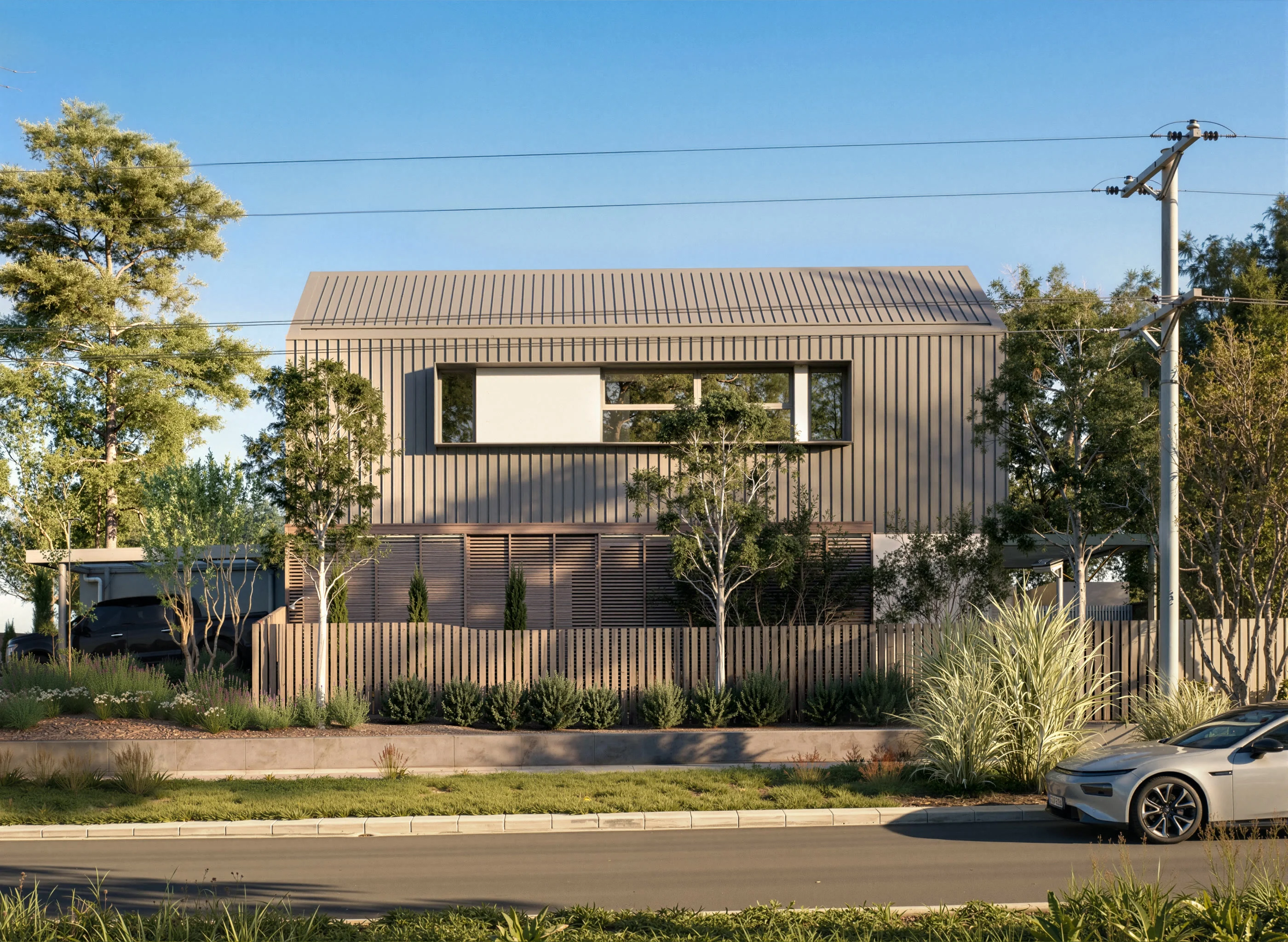 A townhouse at Oakridge on Carrington, Sydenham, front on in afternoon light