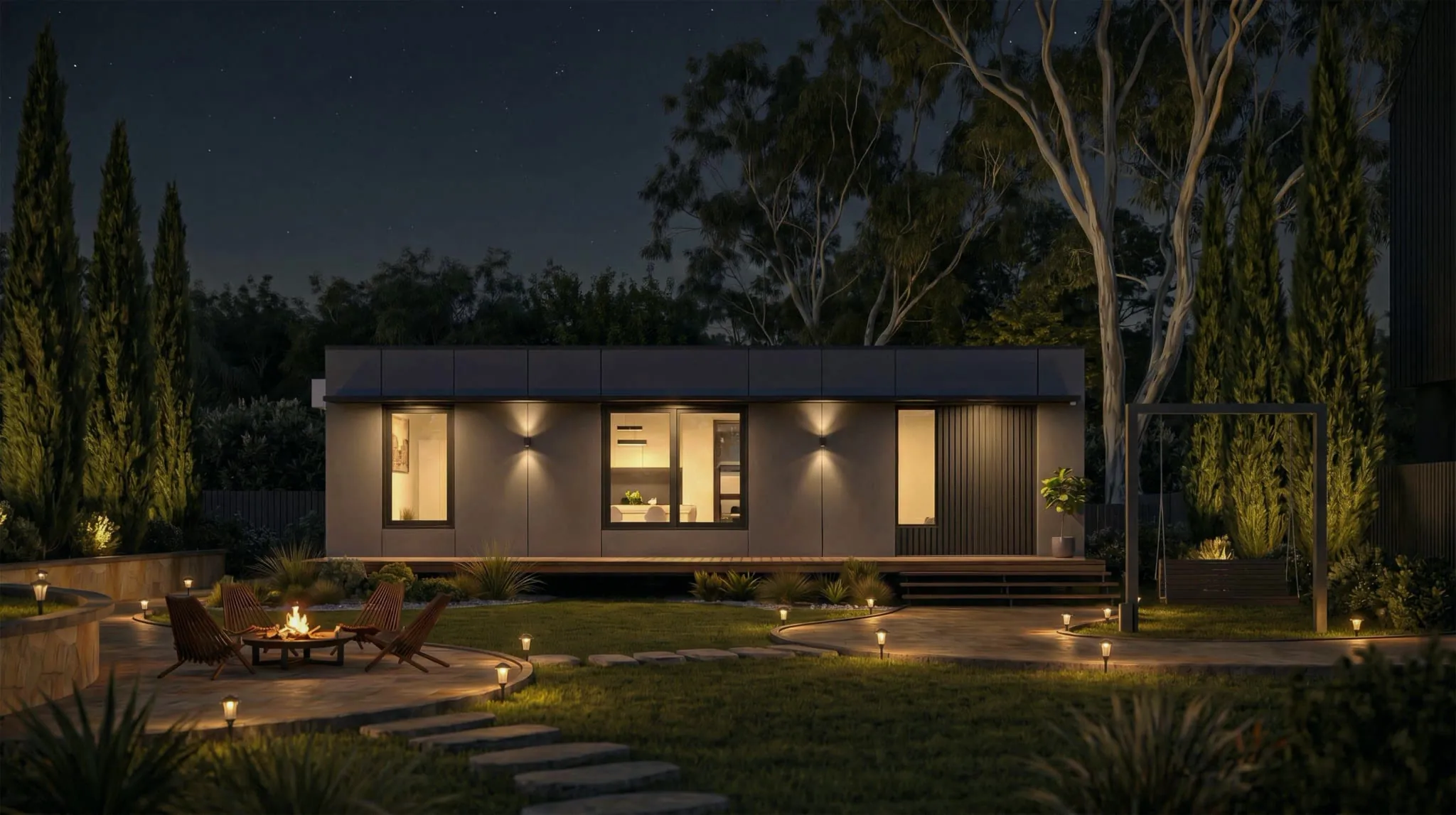 The Two Bedroom at night, windows lit, fire pit in the garden