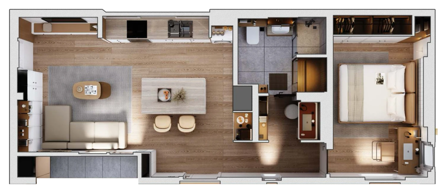Floor plan of the One Bedroom, front at the bottom: living, dining and kitchen on the left, bathroom in the middle, bedroom on the right