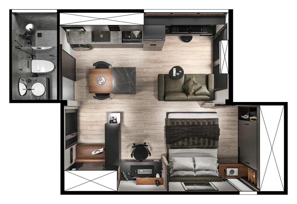 Floor plan of the Studio, entry and deck at the bottom left