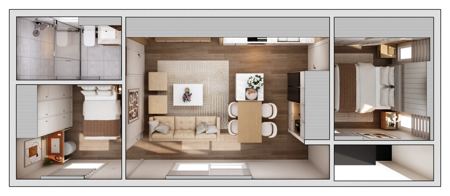 Floor plan of the Two Bedroom, front at the bottom: a bedroom at each end, living, kitchen and dining in between
